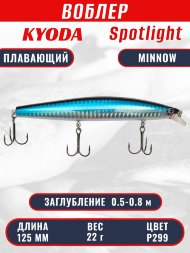 Воблер KYODA Spotlight Minnow-125F 12,5 см 22 гр цвет P299, заглубление 0,5-0,8 м