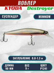 Воблер KYODA Destroyer Minnow-90SP, длина 9,0 см, вес 9.0 гр цвет P1241, заглубление 0,8-1.3 м